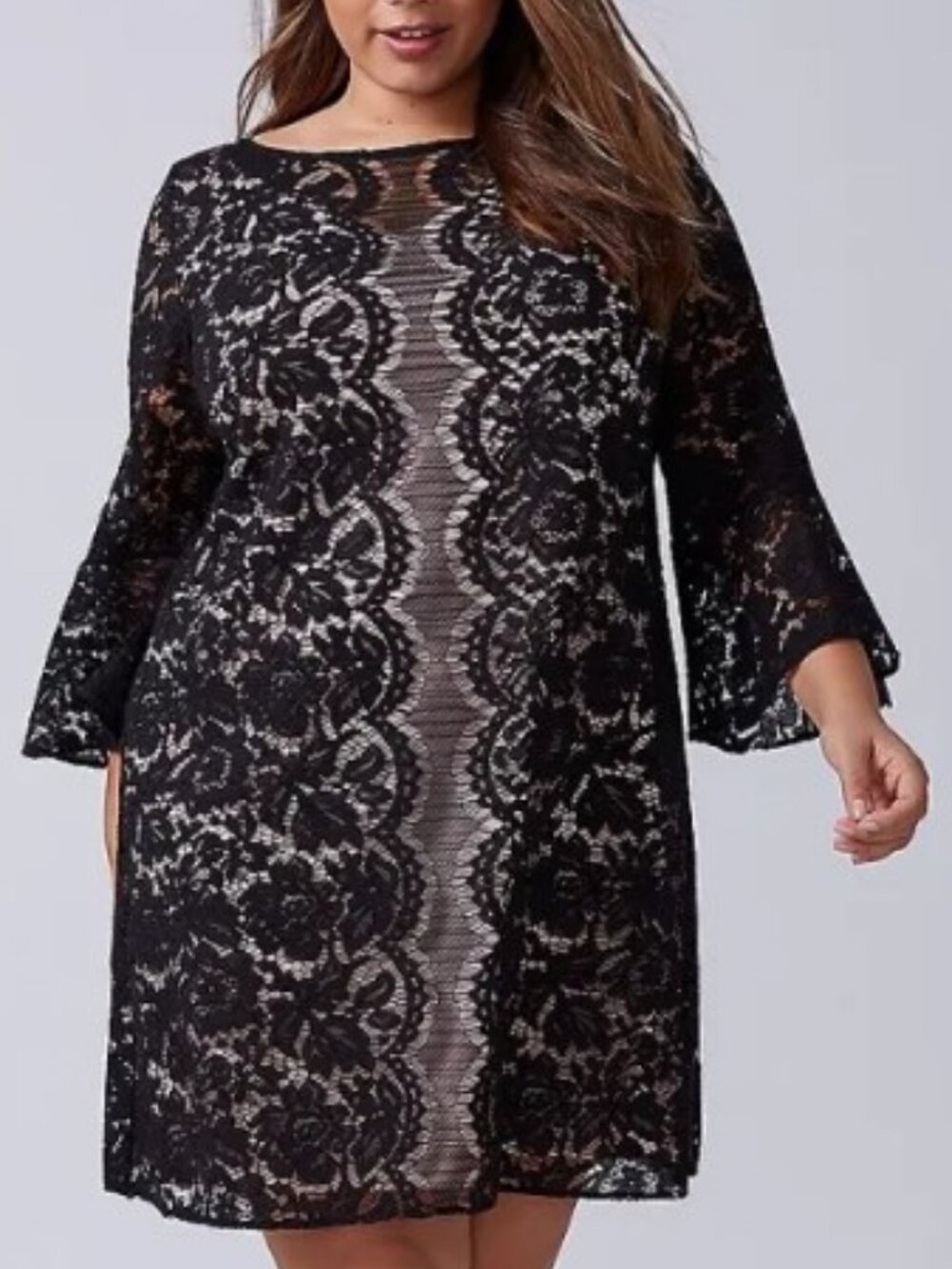 NWT Lane Bryant Black Lace Shift Dress Nude Lining Flounce Sleeves Size 16